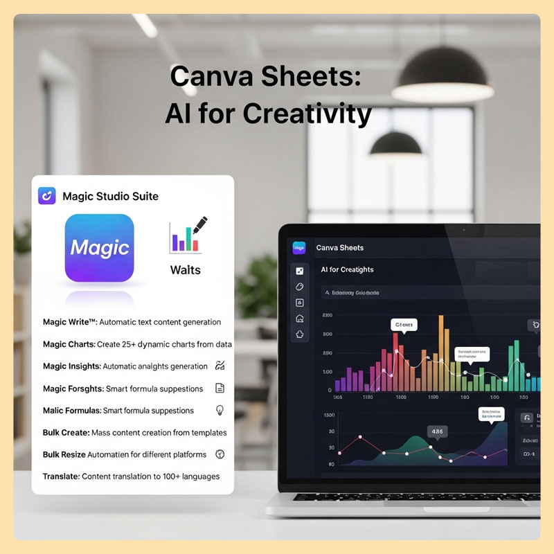 Canva Sheets AI-powered creative workspace featuring Magic Studio Suite: automated text generation (Magic Write), dynamic data visualization (Magic Charts), intelligent analytics (Magic Insights), smart formula assistance (Magic Forsights), batch content creation, multi-platform optimization, and multilingual translation engine.