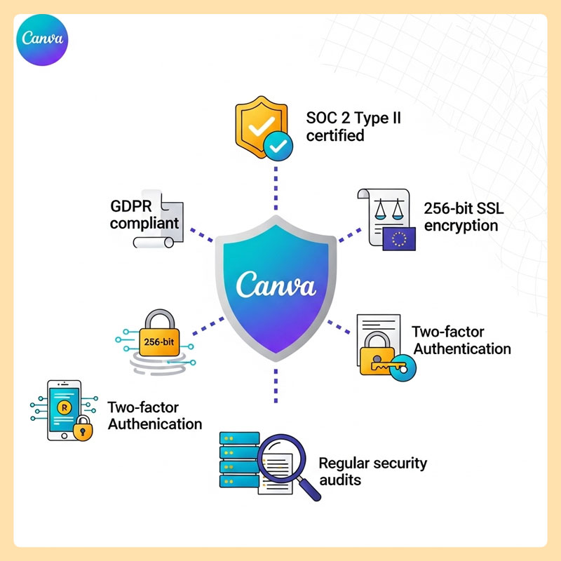 Canva Security Framework: SOC 2 Type II certified platform with GDPR compliance, 256-bit SSL encryption, two-factor authentication, and regular security audits ensuring enterprise-grade data protection.