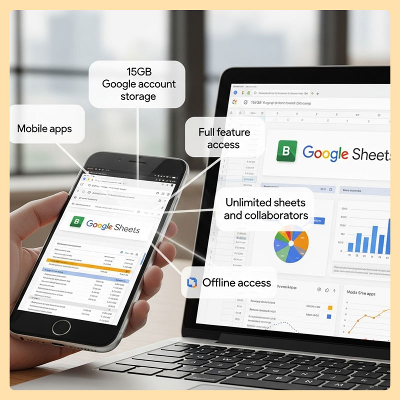 Google Sheets features: 15GB storage, mobile apps, full feature access, unlimited sheets & collaborators, offline access - complete spreadsheet solution across all devices.