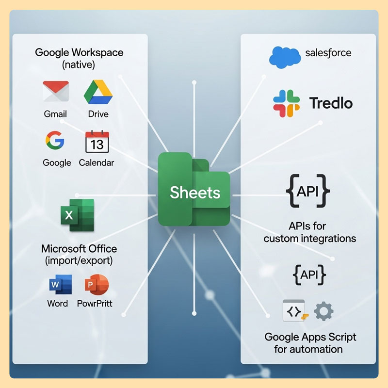 Native Google Workspace integration, Microsoft Office compatibility, Salesforce connector, Trello synchronization, Google Apps Script automation engine, RESTful API support, bidirectional data import/export - enterprise-grade integration platform.