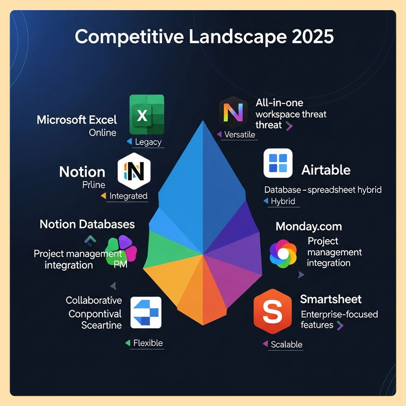 Competitive landscape visualization for 2025 showing major spreadsheet and productivity tools with their strategic positioning and core differentiators