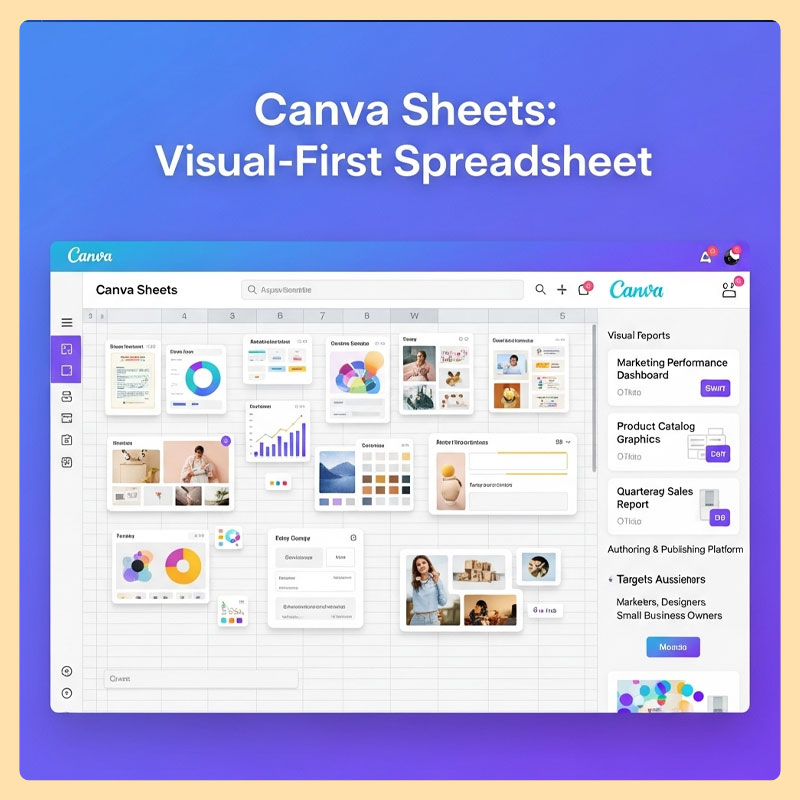Canva Sheets application interface displaying grid-based spreadsheet with visual template gallery on right sidebar, showing marketing dashboard, product catalog, and sales report options.