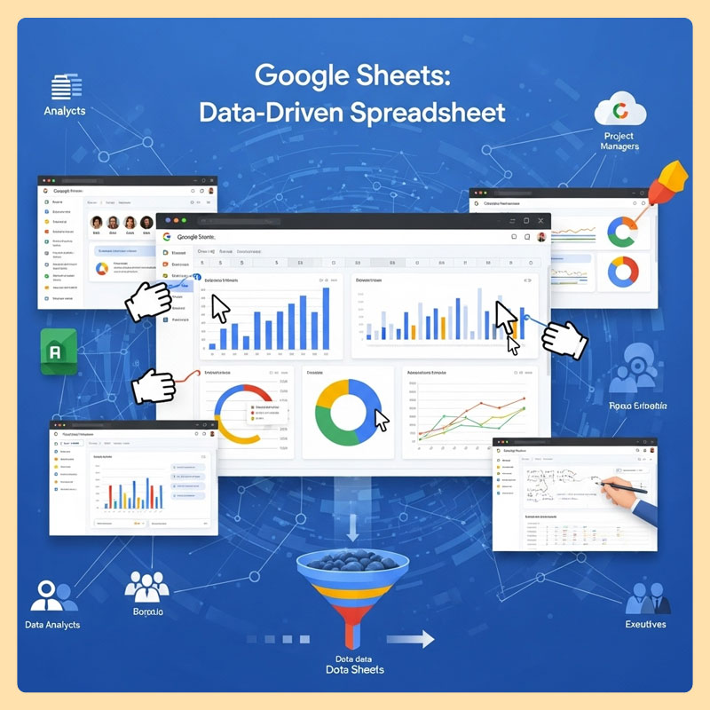 Google Sheets data pipeline visualization showing end-to-end workflow from raw data input through various chart formats (bar, pie, line graphs) to executive dashboards, highlighting collaborative analytics capabilities for cross-functional teams.